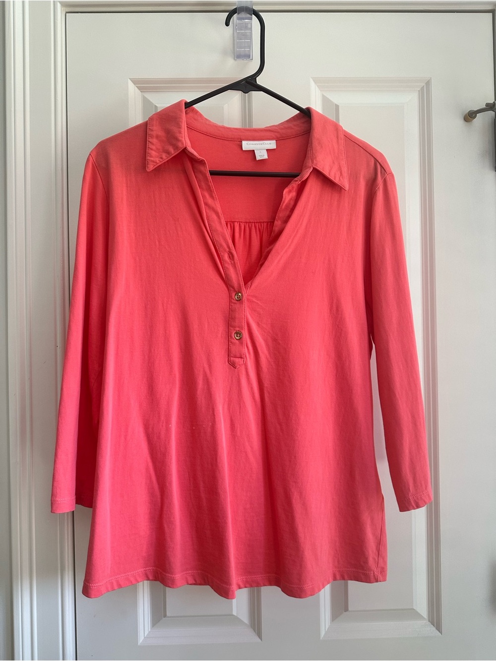 Charter Club Coral Tunic Top Long Sleeve Collared Button Front Size L